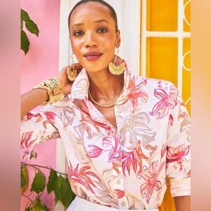 NWOT Chico’s Linen Floral Blouse 1.5 US 10 Multicolor Button Up Shirt Summer